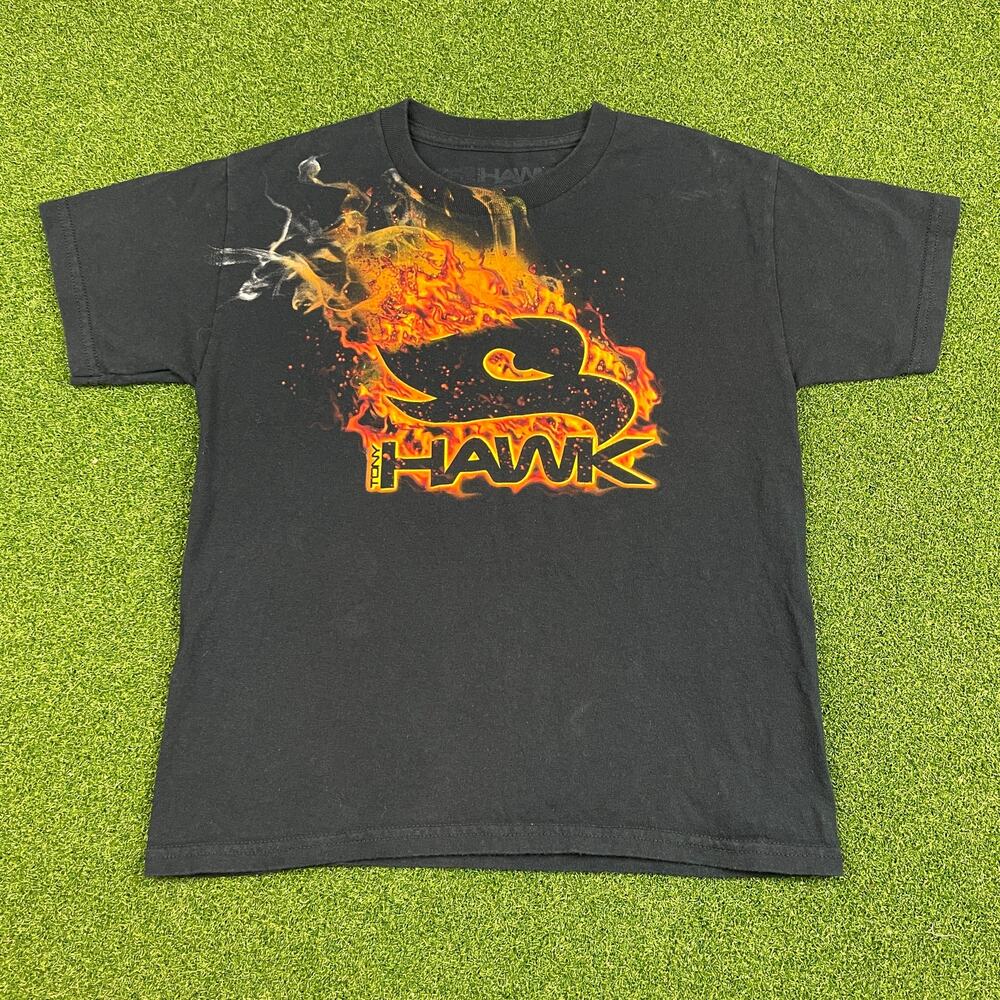Vintage Y2K Tony Hawk Flame Spell Out Logo Black Faded Baby T Sz Boys S
